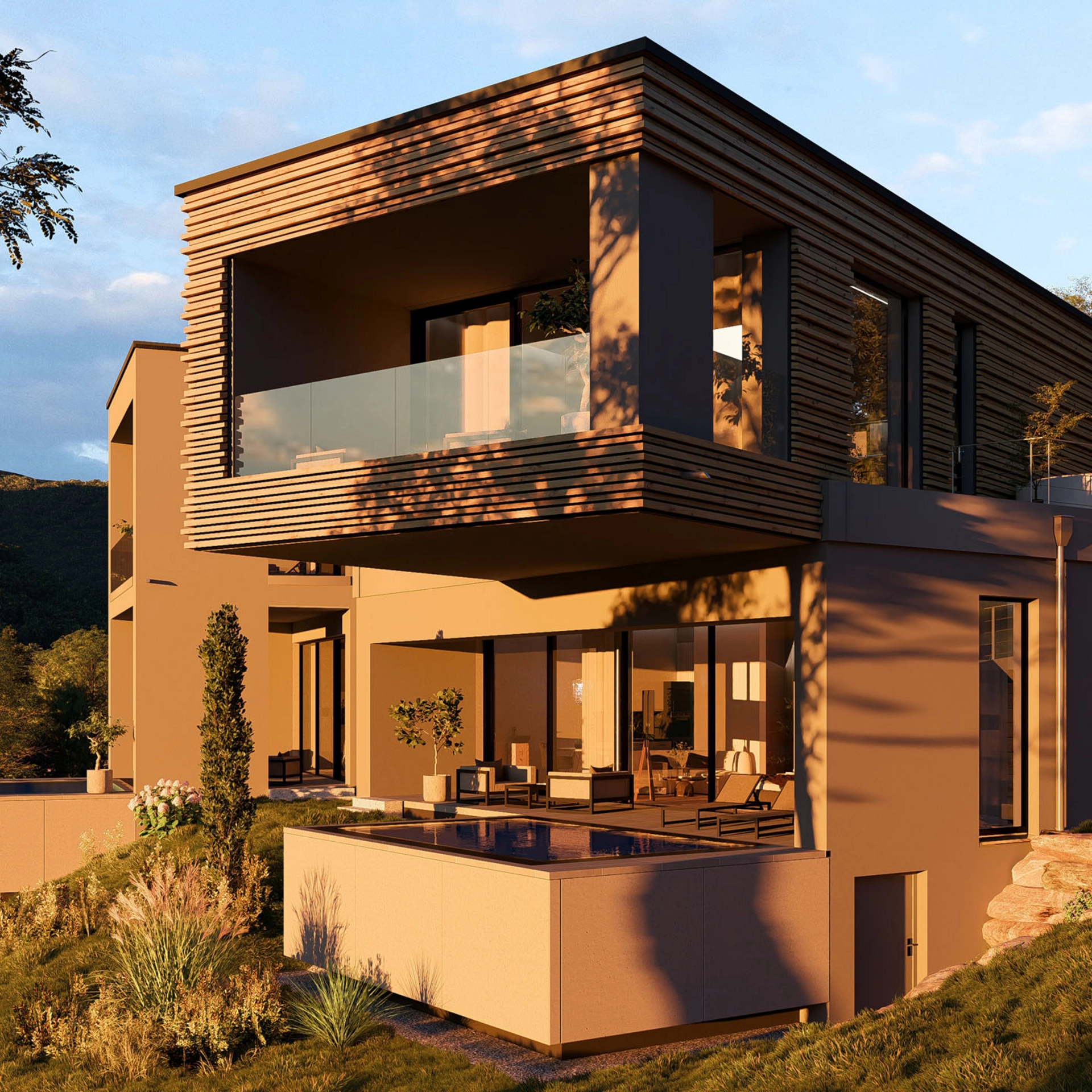 Moderner mehrstöckiger Hausbau mit Holzverkleidung und Terrasse am Hang