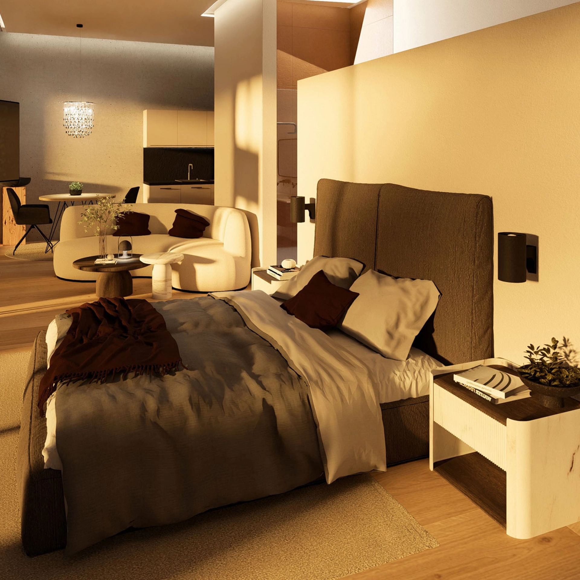 Modernes Schlafzimmer mit großem Bett, Sofa, Fernseher und Badezimmer