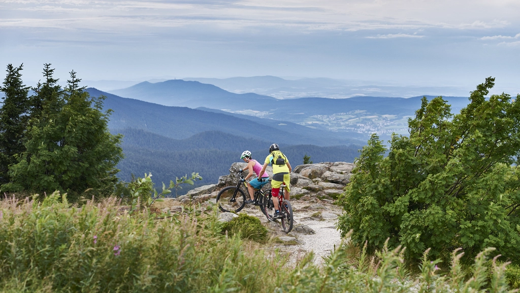 Zwei Mountainbiker auf Bergweg mit Blick auf Berge und Tal